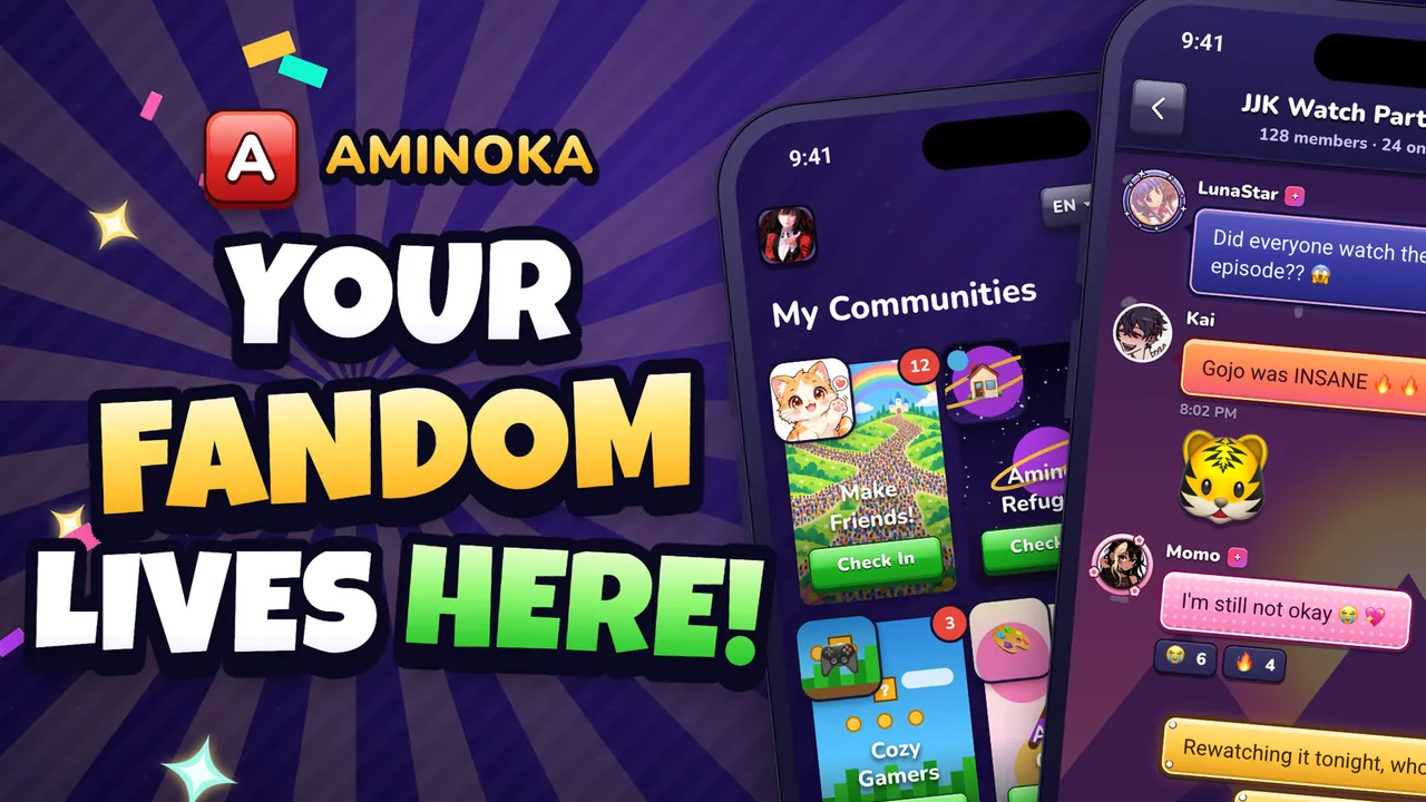 Aminoka community app on iPhone: My Communities and a group chat room, the Amino alternative