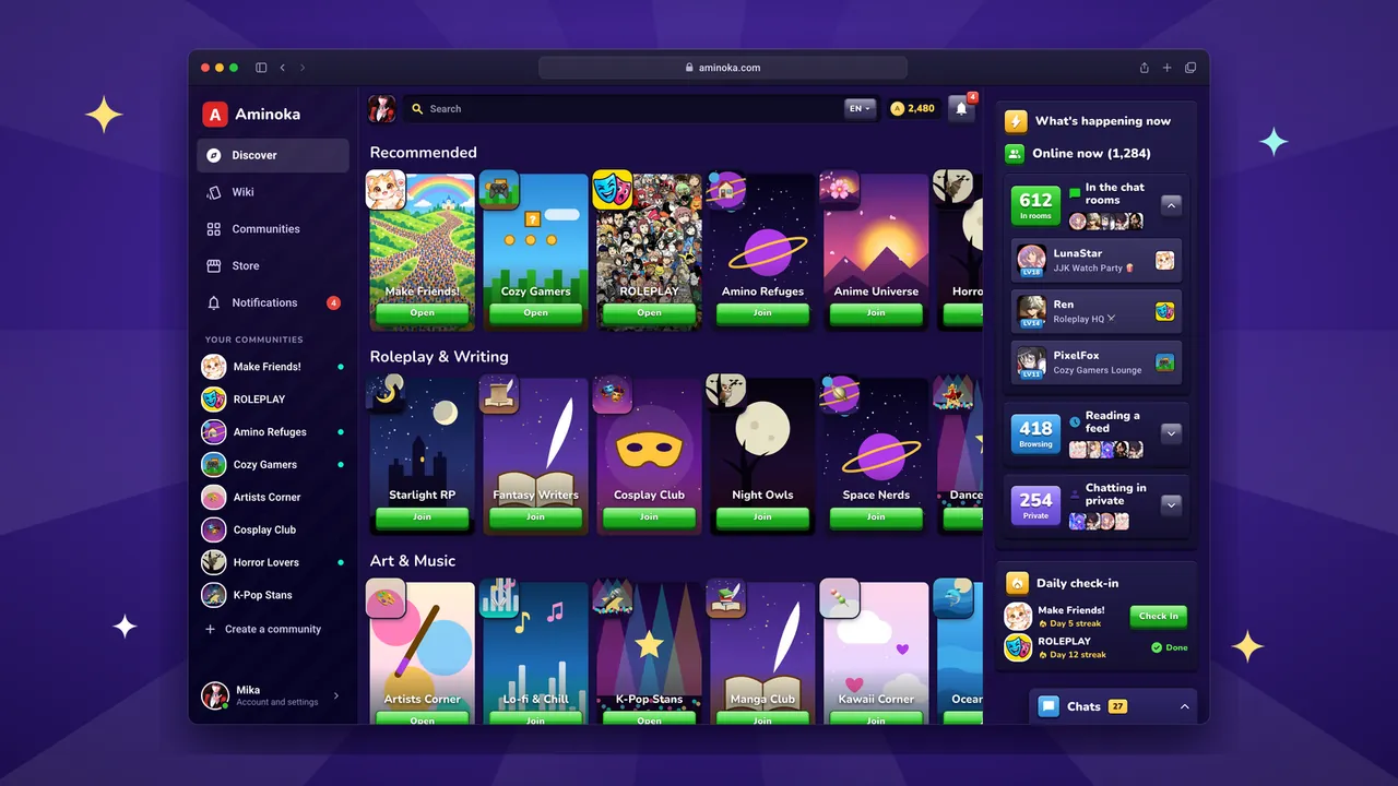 Aminoka Discover page in a desktop browser: rows of anime, roleplay, gaming and art communities to join